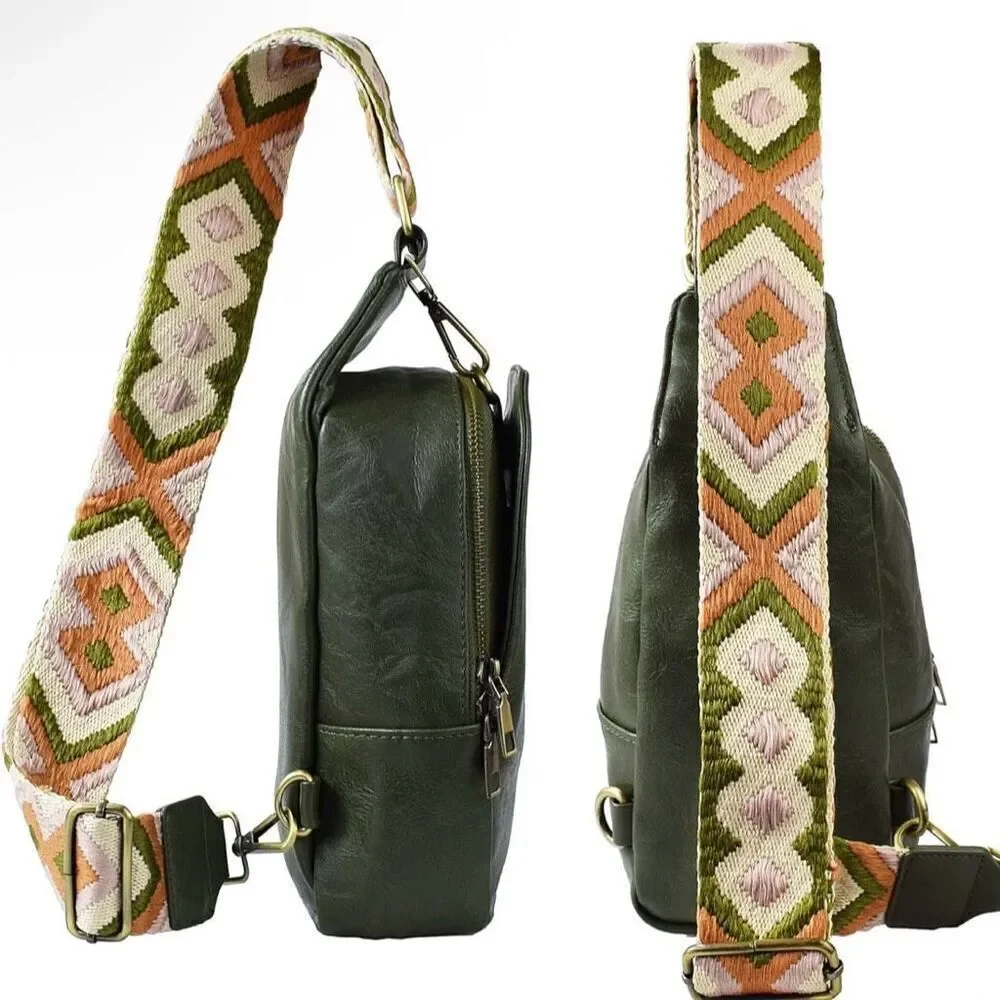 Boho Olive Green Leather Sling Bag Purse With Adjustable Guitar Strap New